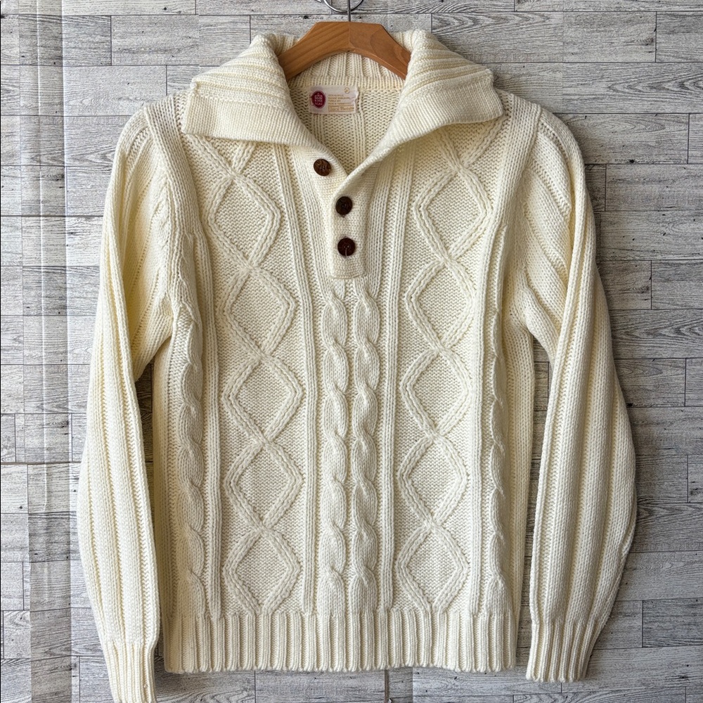 Vintage Cream Kings Road CableKnit quarter Sweater‎ Chunky fisherman Medium